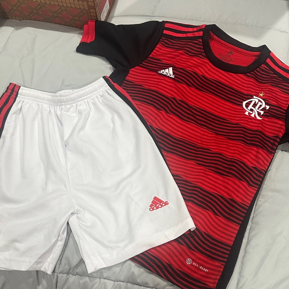 Adidas Red and Black Striped Soccer Jersey with White Shorts size 10-12